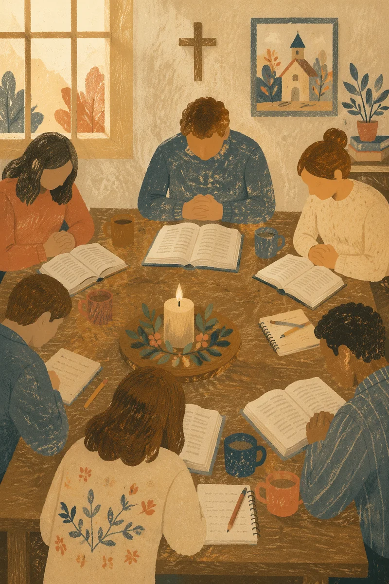 Small Group Bible Study Around Wooden Table