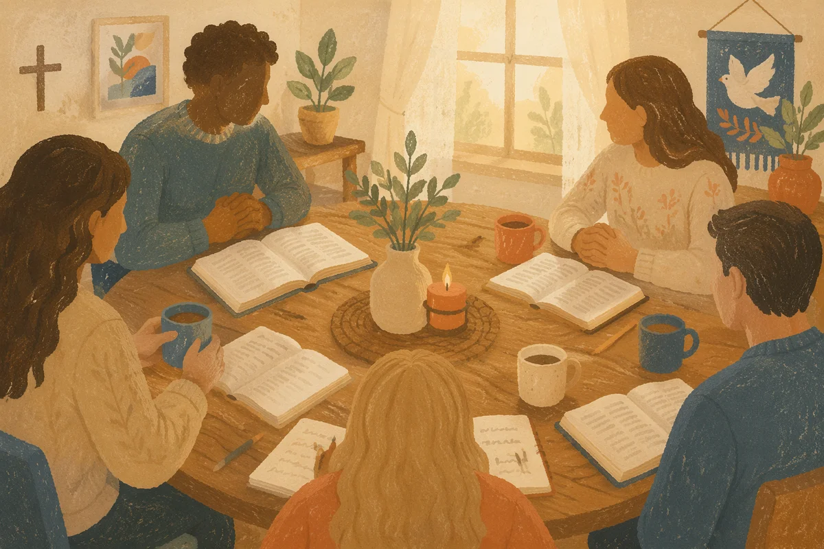 Small Group Bible Study Around Wooden Table