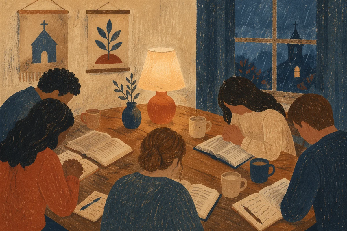 Small Group Bible Study Around Wooden Table