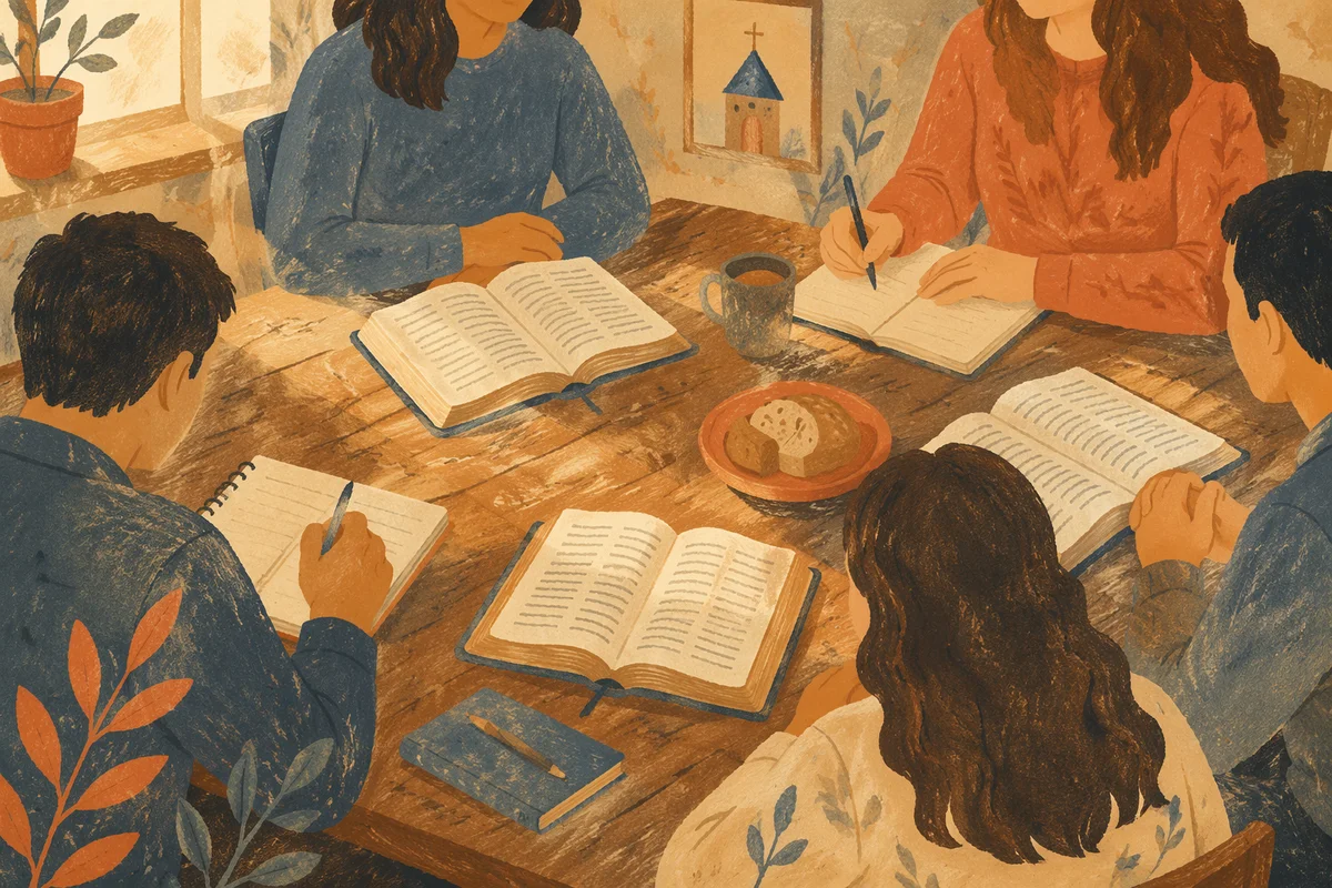 Small Group Bible Study at Wooden Table