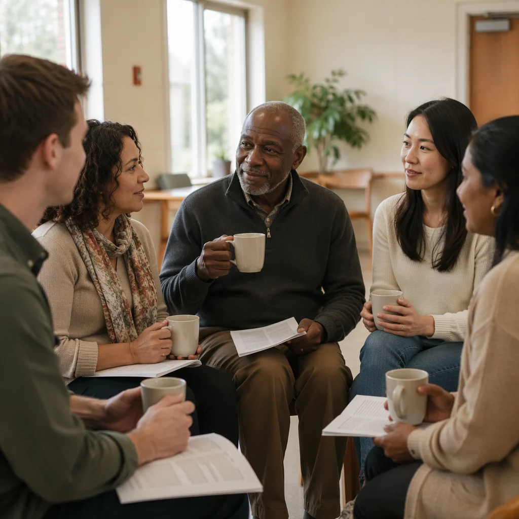 Five Adults in Coffee Discussion Circle