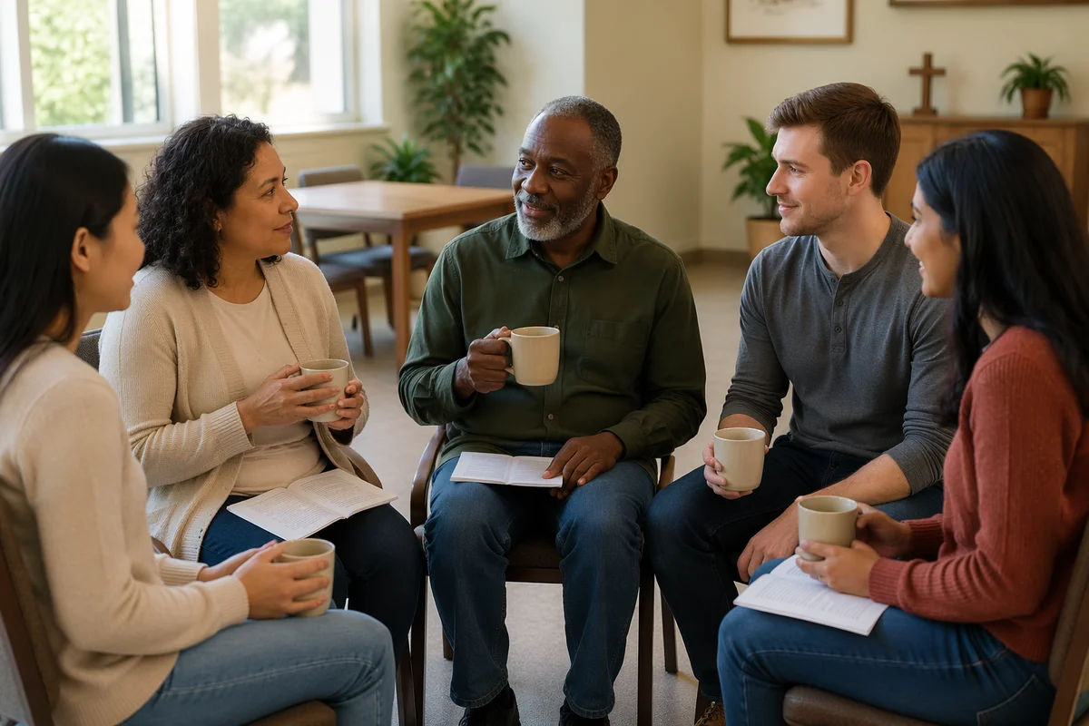 Five Adults in Coffee Discussion Circle