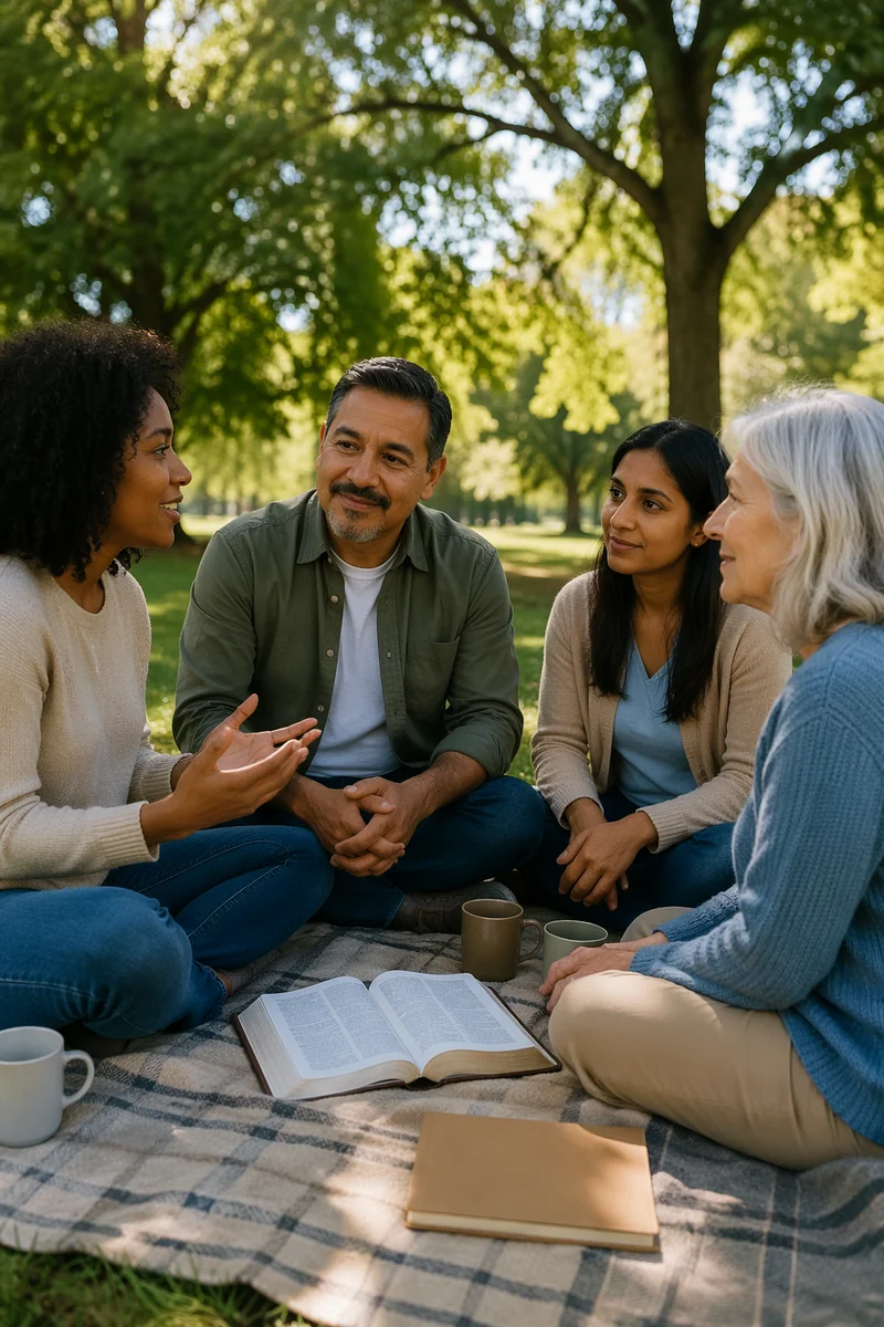 Four Adults Reading Together in Park