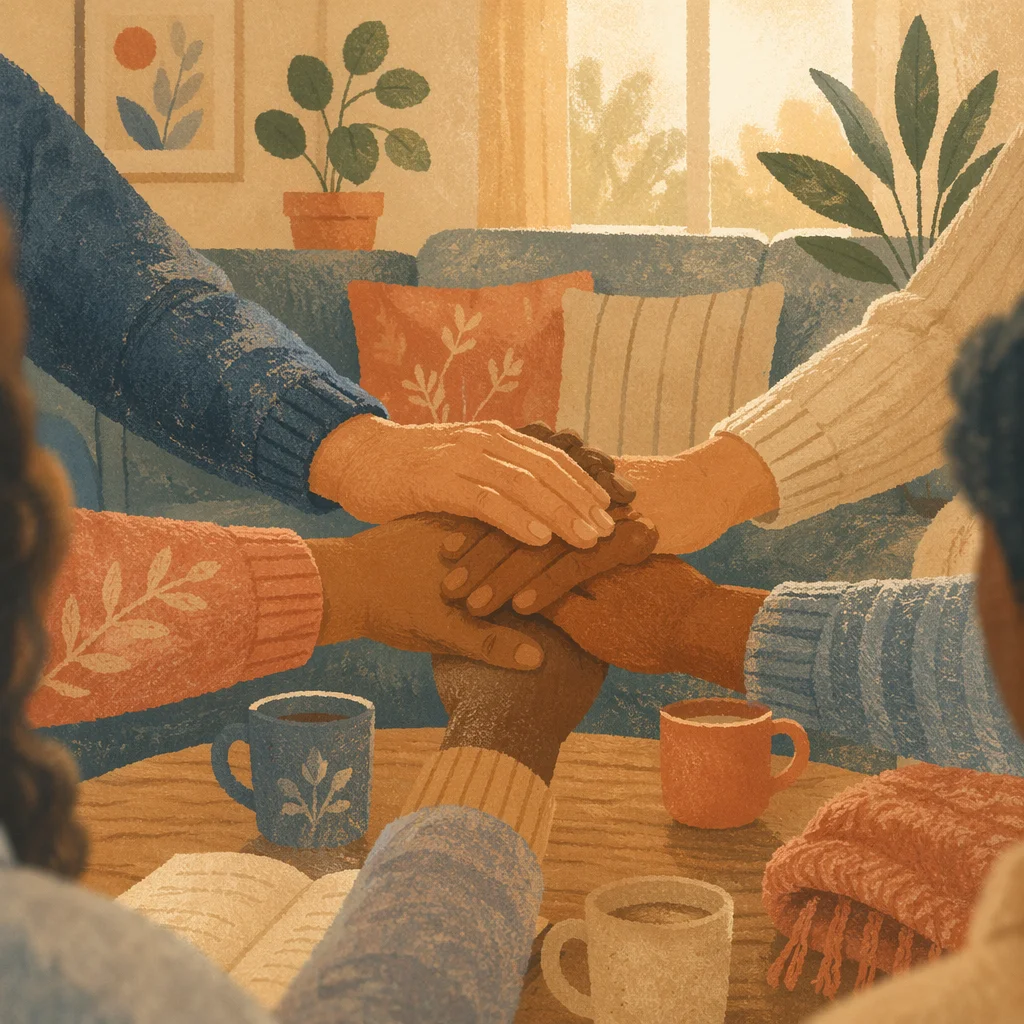 Small Group Prayer Hands in Cozy Home
