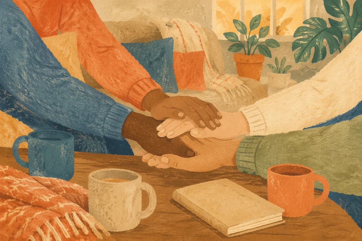 Small Group Prayer Hands in Cozy Home