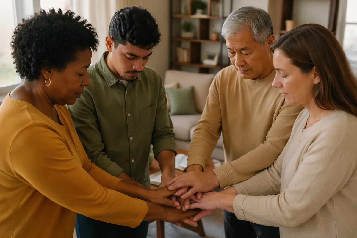 Small Multiracial Prayer Group in Living Room