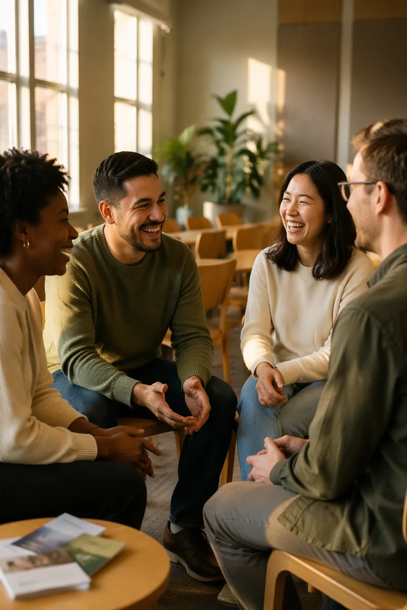 Young Adults Laughing in Church Meeting Room