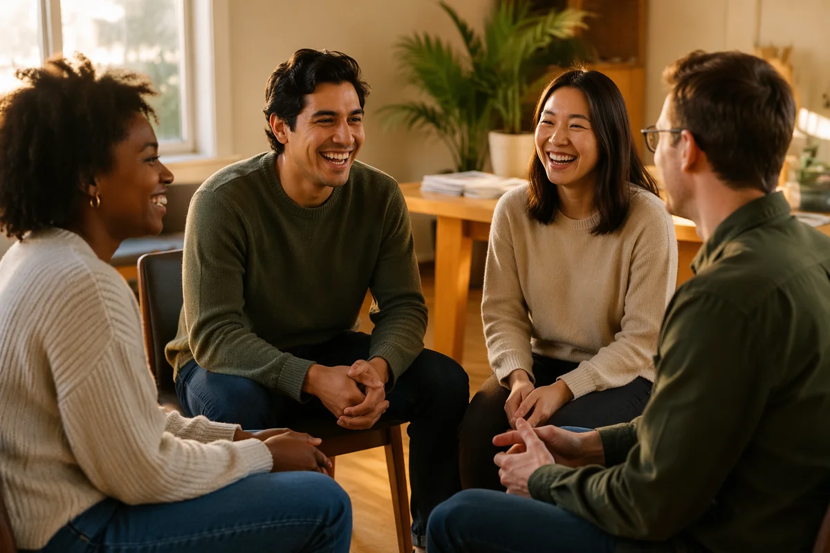 Young Adults Laughing in Church Meeting Room