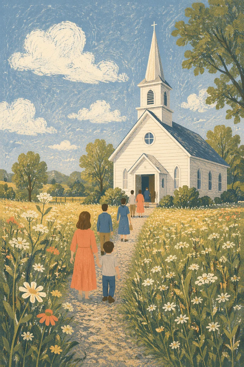 White Country Church Steeple Across Meadow