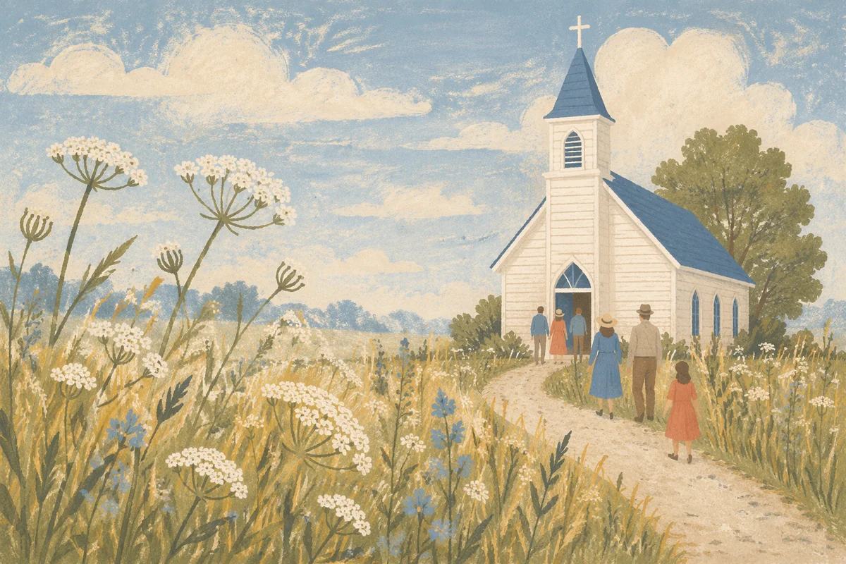 Small White Country Church in Wildflower Field