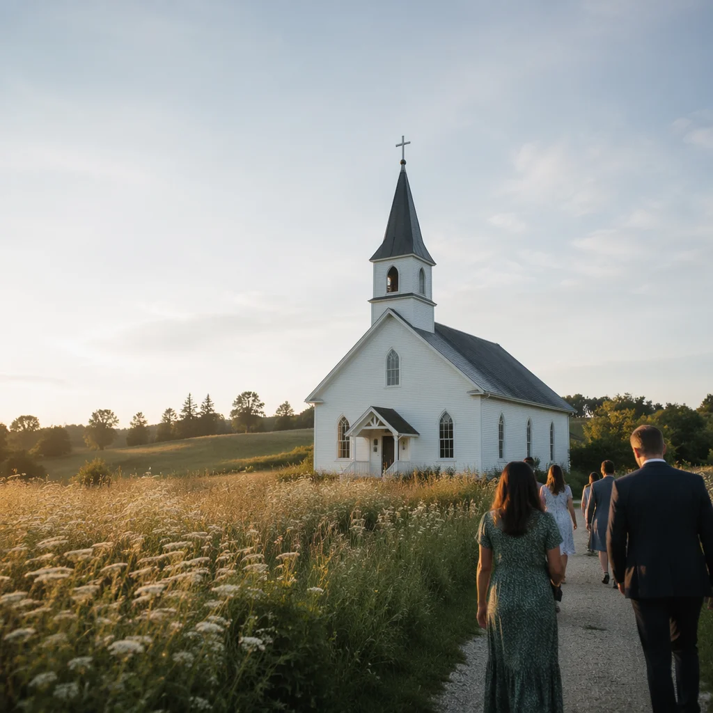 Small White Country Church Across Meadow