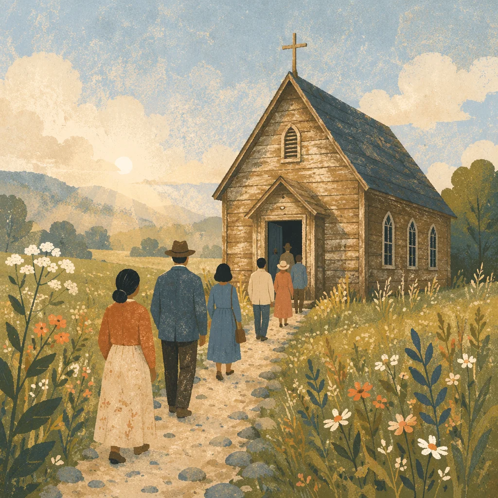 Small Wooden Chapel in Misty Countryside