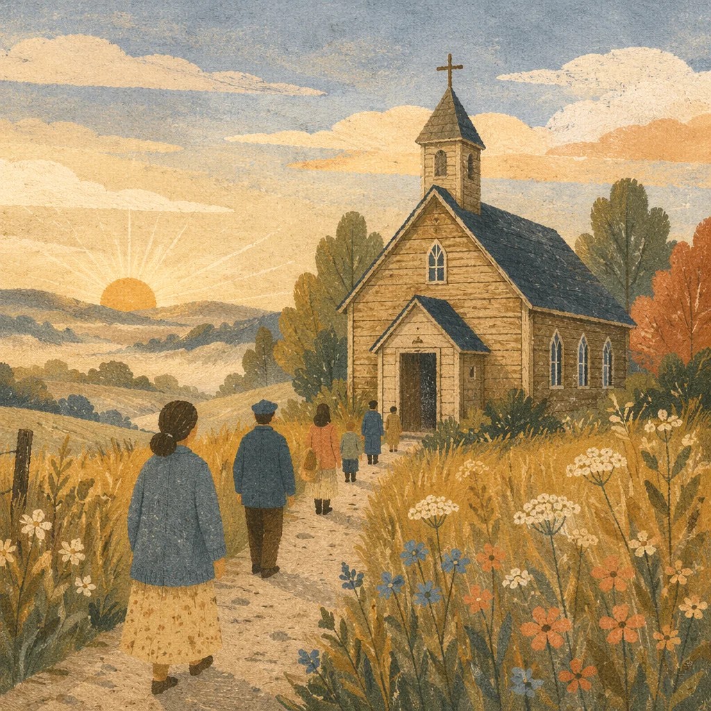 Rustic Countryside Chapel at Autumn Sunrise