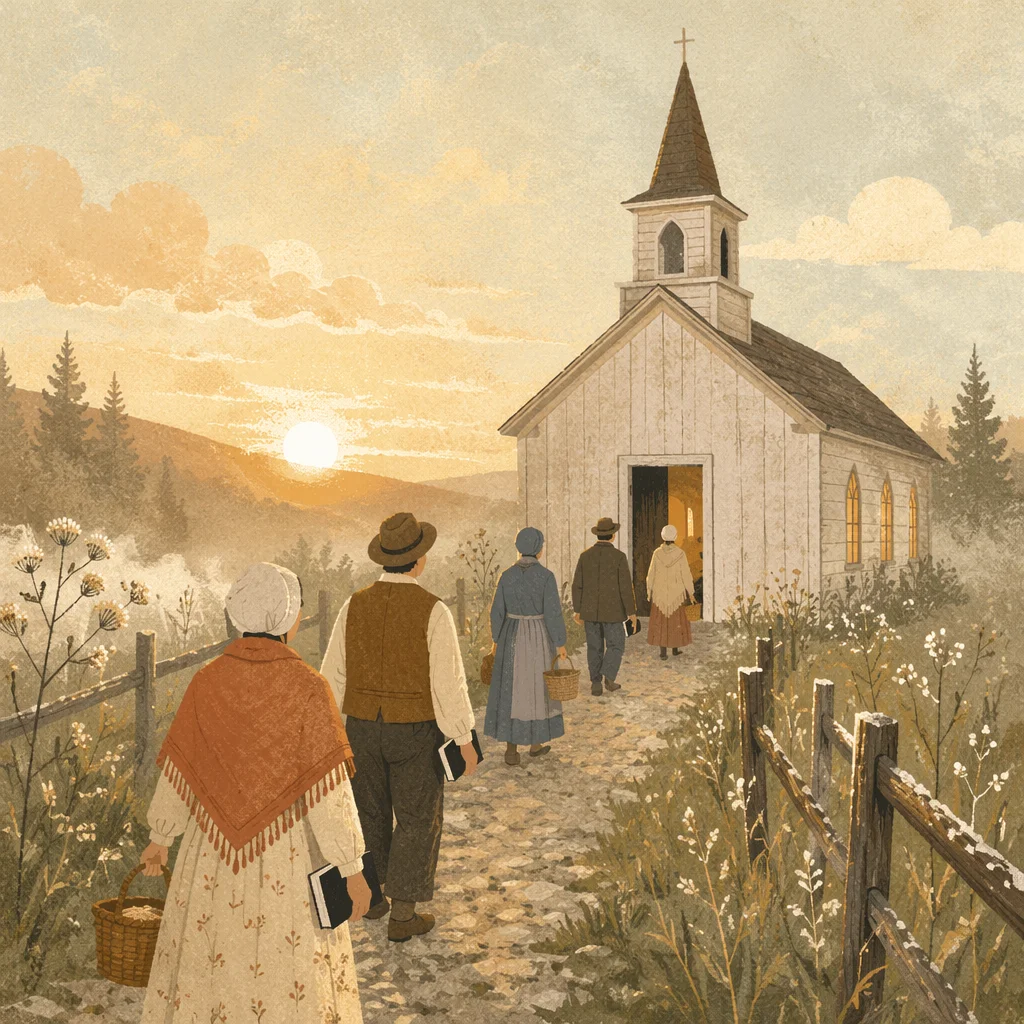 Misty Countryside Chapel at Sunrise
