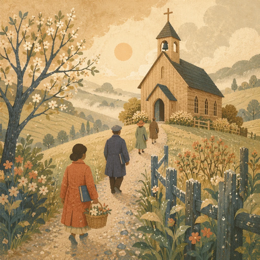 Misty Countryside Chapel at Spring Sunrise