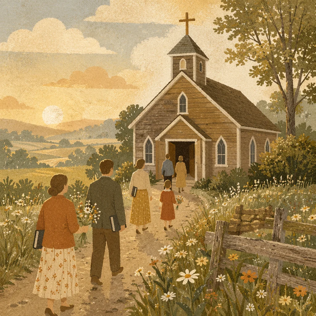 Small Wooden Chapel on Misty Country Morning