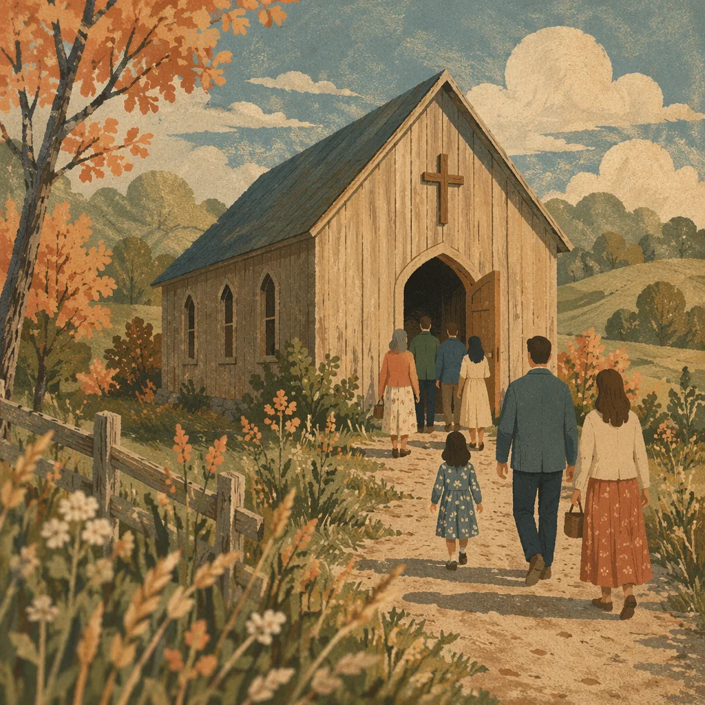 Small Wooden Countryside Chapel at Sunset