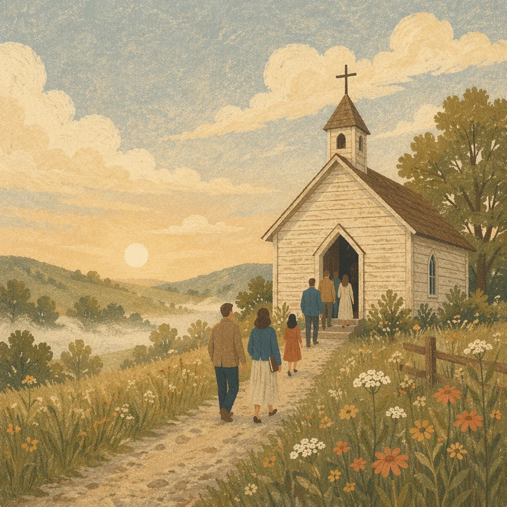 Humble Wooden Chapel in Misty Countryside