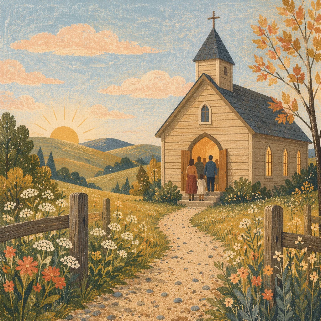 Small Wooden Chapel at Autumn Sunrise