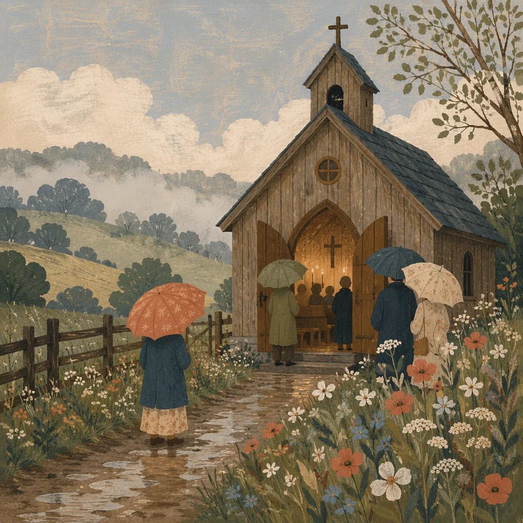 Rain Washed Countryside Wooden Chapel