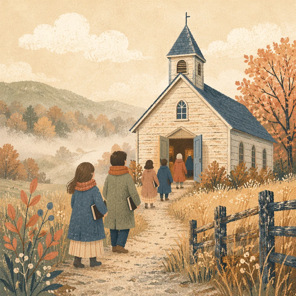 Small Wooden Chapel in Misty Countryside
