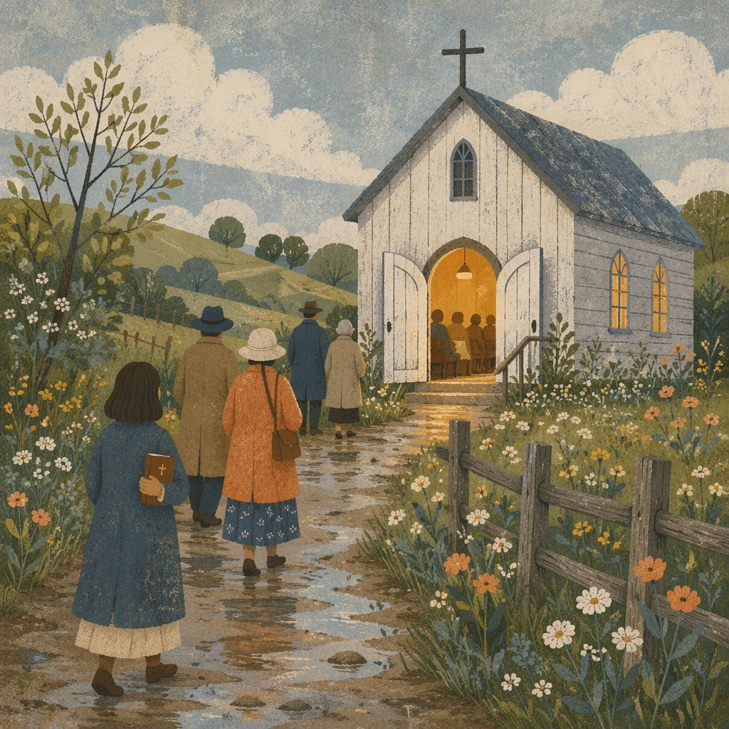 Welcoming Wooden Chapel After Spring Rain