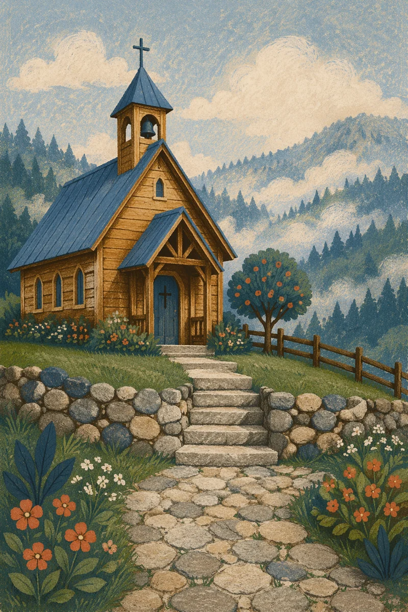 Rustic Wooden Chapel on Misty Green Hillside