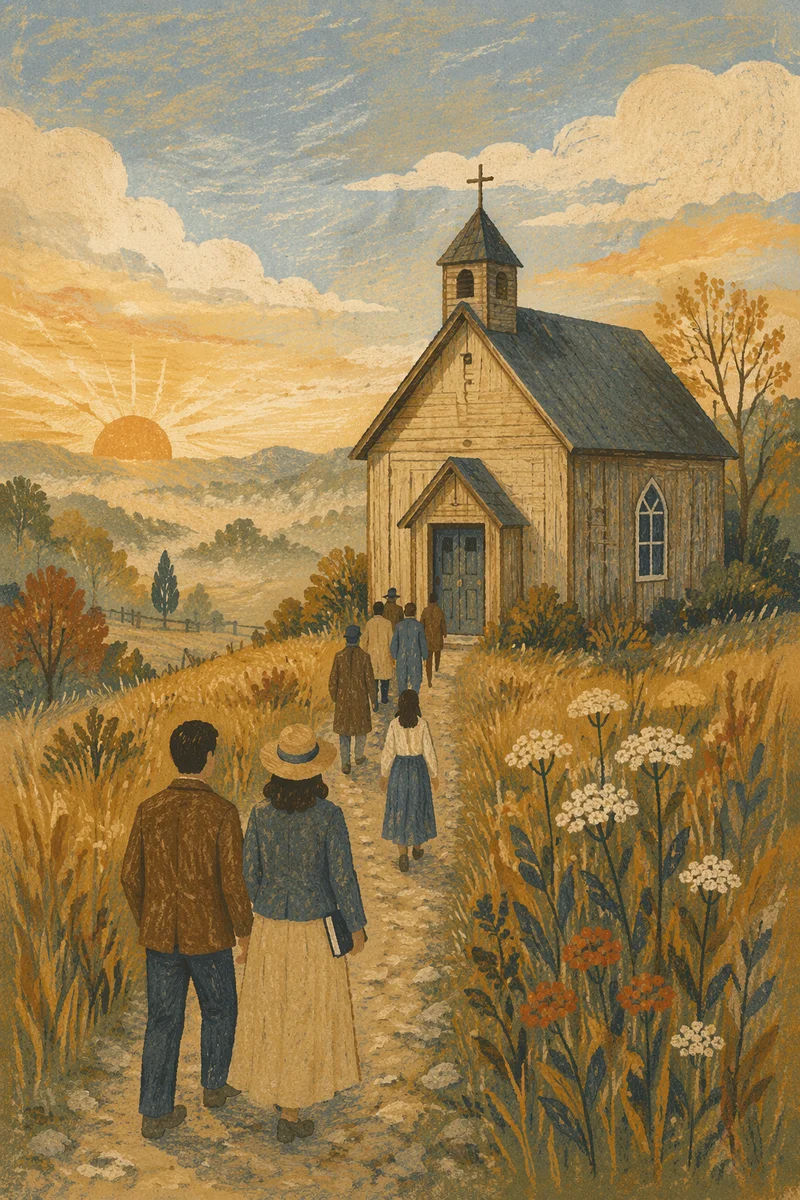 Countryside Wooden Chapel at Autumn Sunrise