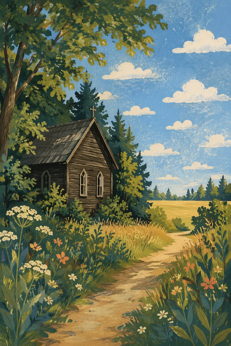 Weathered Wooden Chapel in Summer Countryside