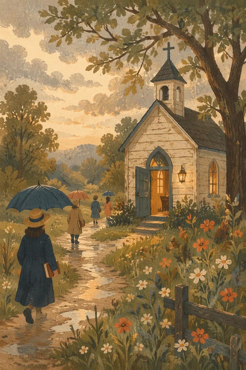 Welcoming Wooden Chapel After Spring Rain
