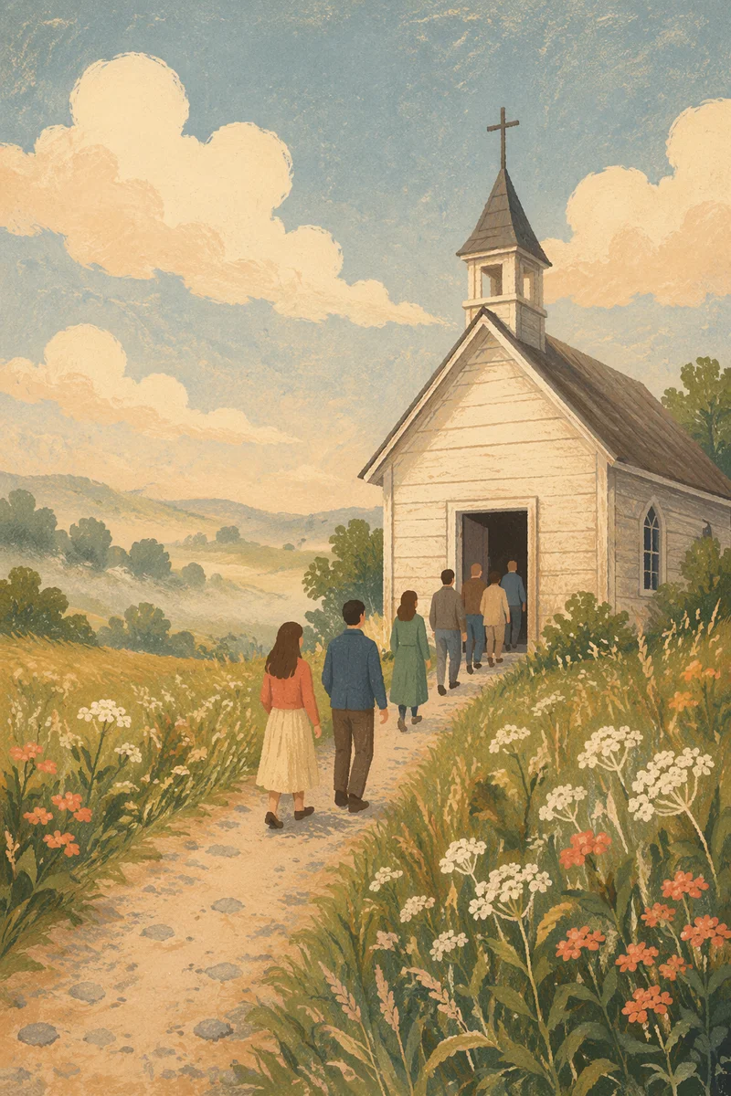 Humble Wooden Chapel in Misty Countryside