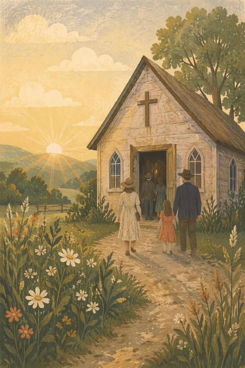 Small Wooden Chapel at Spring Sunrise
