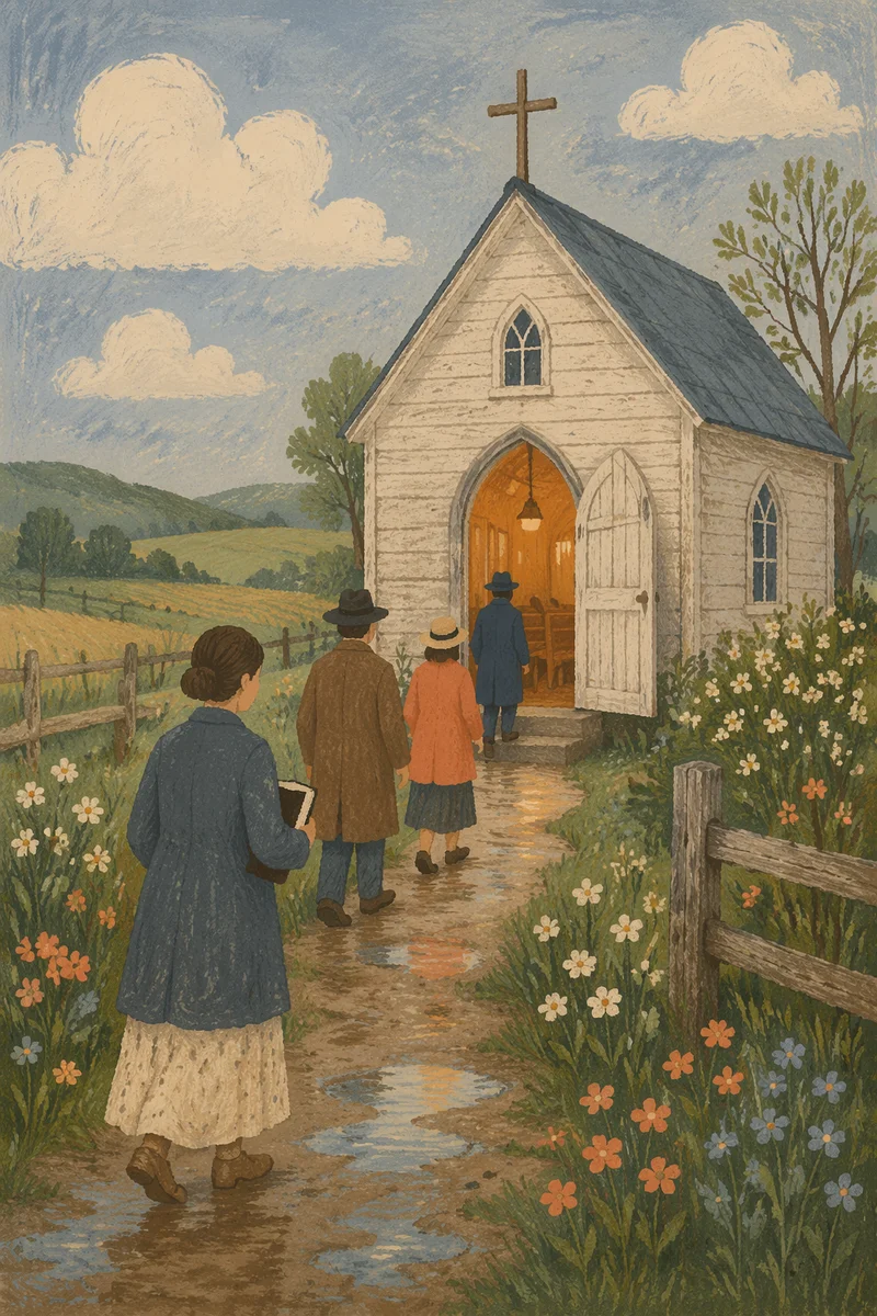 Weathered Countryside Chapel After Spring Rain