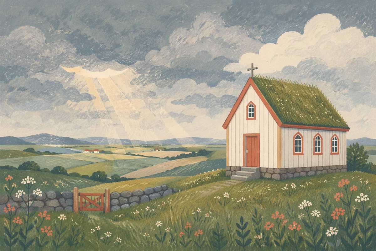 Small Wooden Chapel in Rolling Countryside