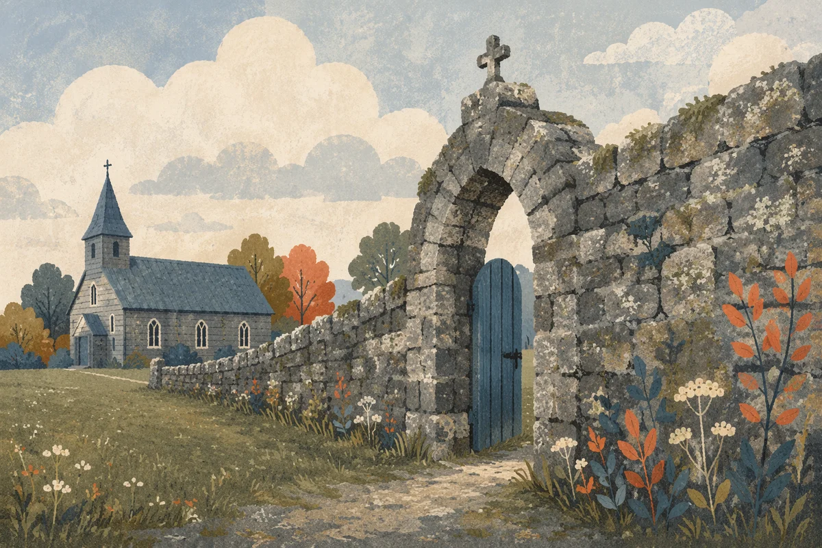 Weathered Wooden Chapel Beyond Stone Gateway