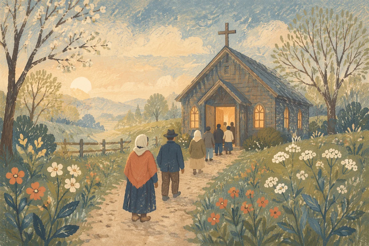 Misty Countryside Chapel with Morning Worshippers