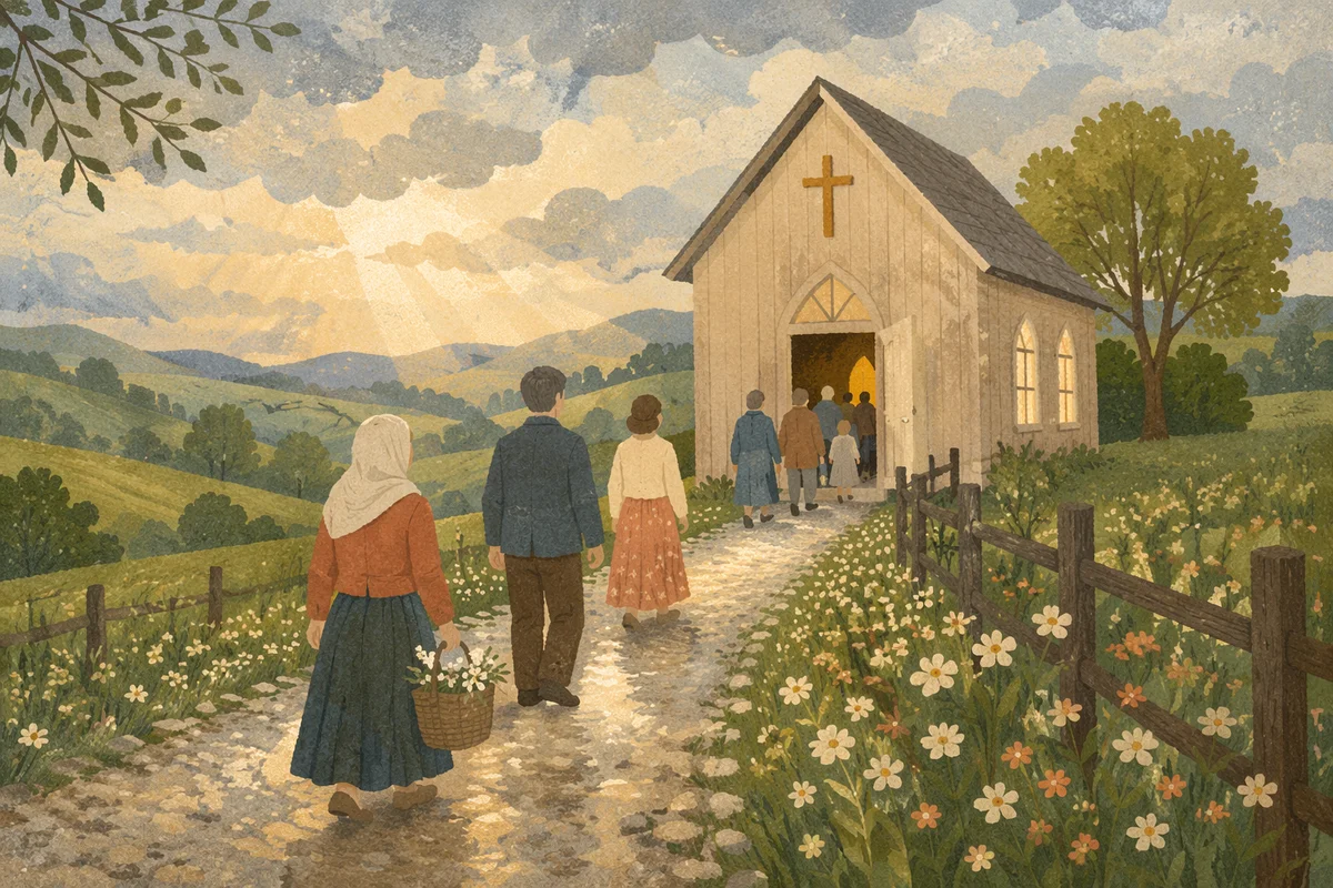Rustic Countryside Chapel After Spring Rain