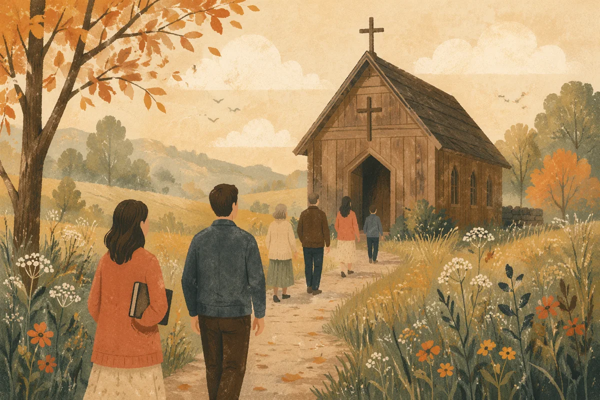 Small Wooden Chapel on Autumn Countryside Lane