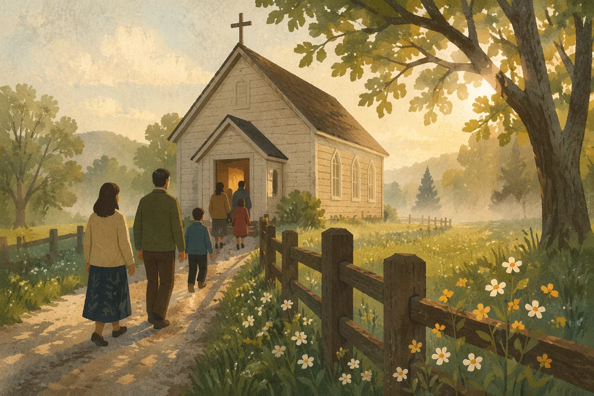 Small Wooden Chapel on Misty Country Lane