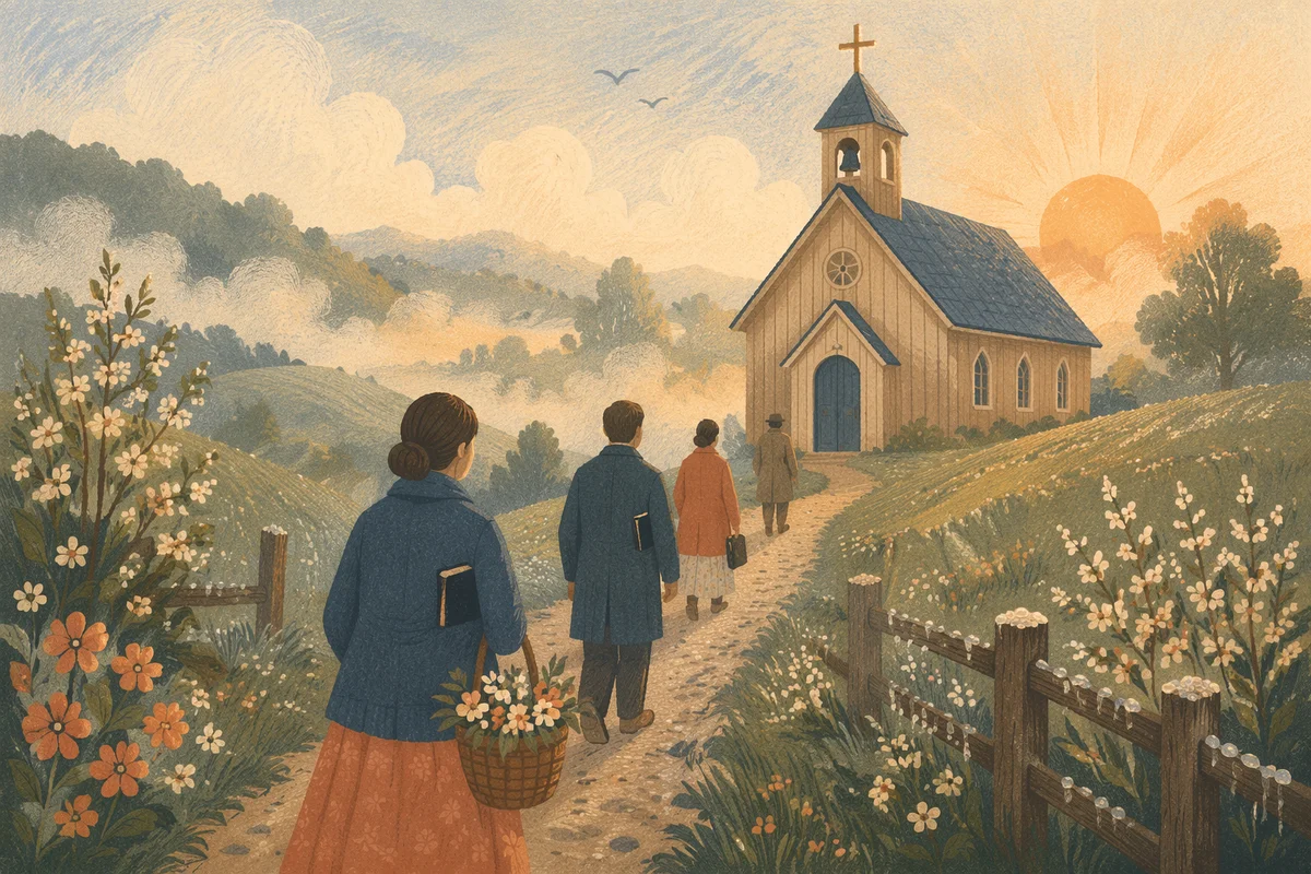 Misty Spring Morning at Wooden Countryside Chapel