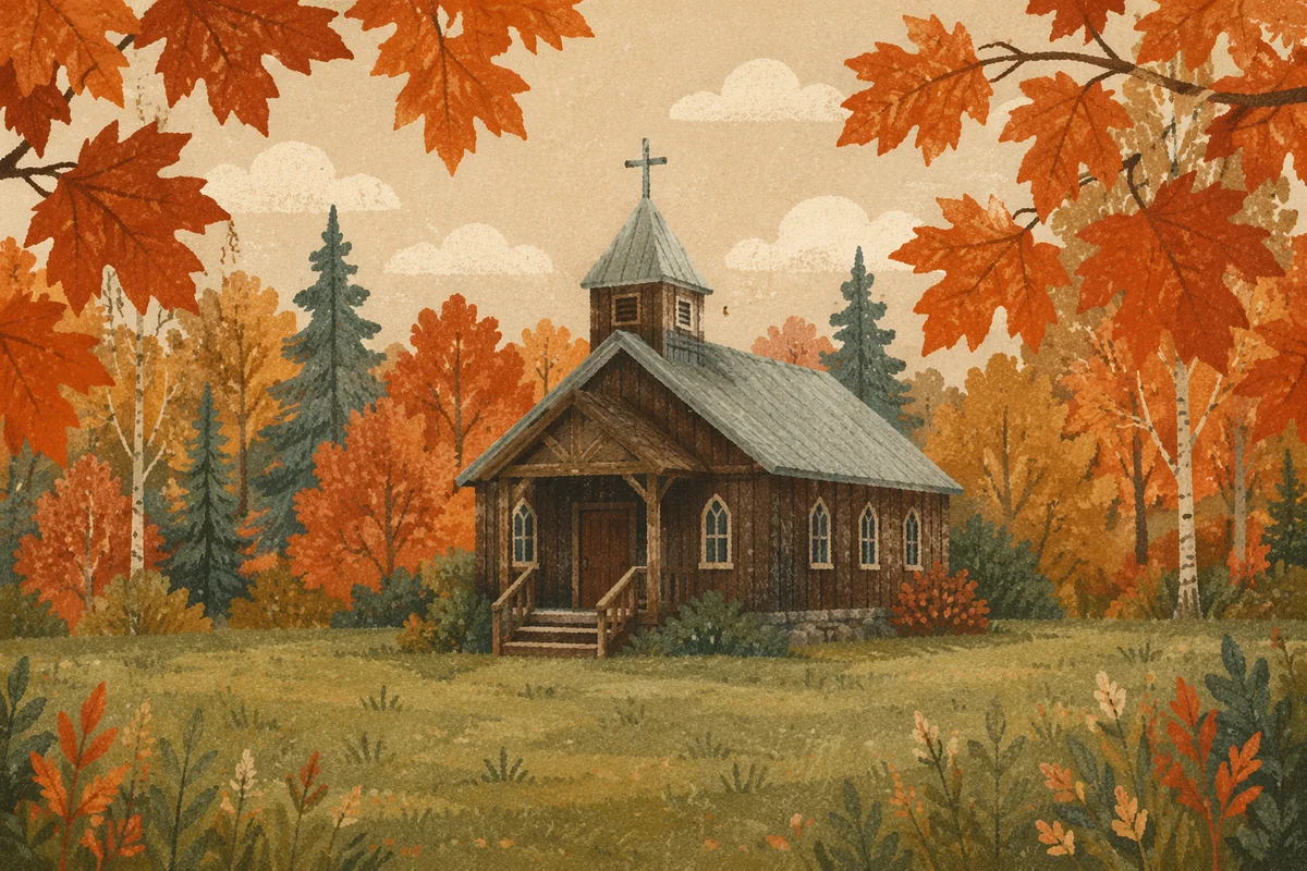 Rustic Wooden Chapel in Autumn Clearing