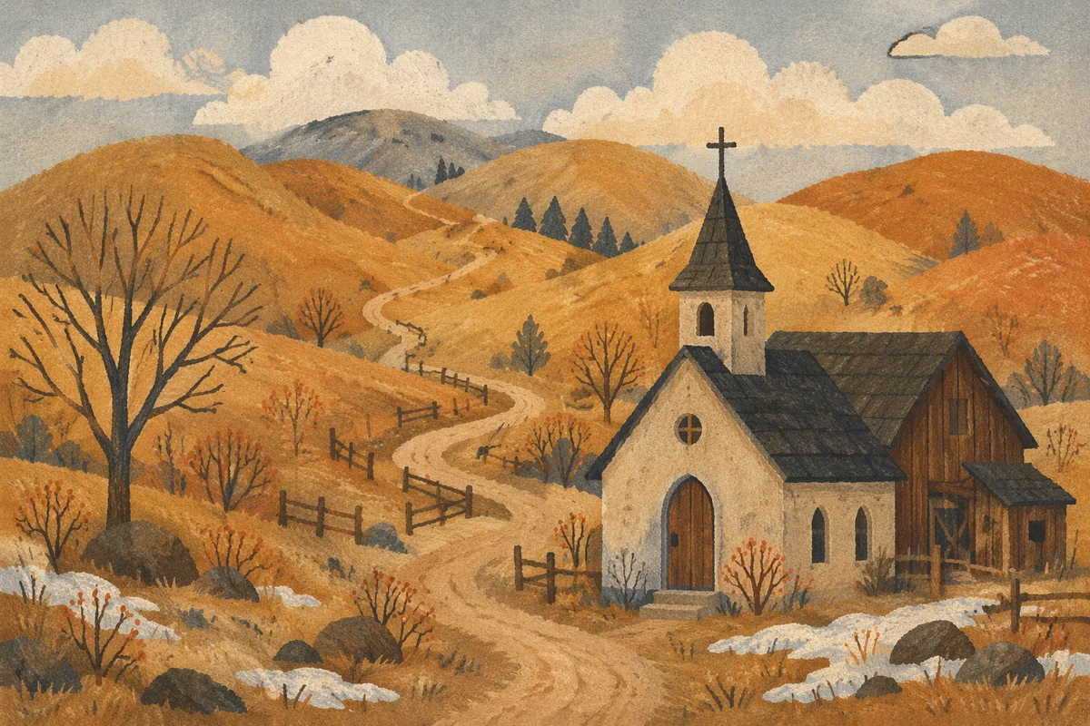 Small Countryside Chapel Beneath Rolling Hills