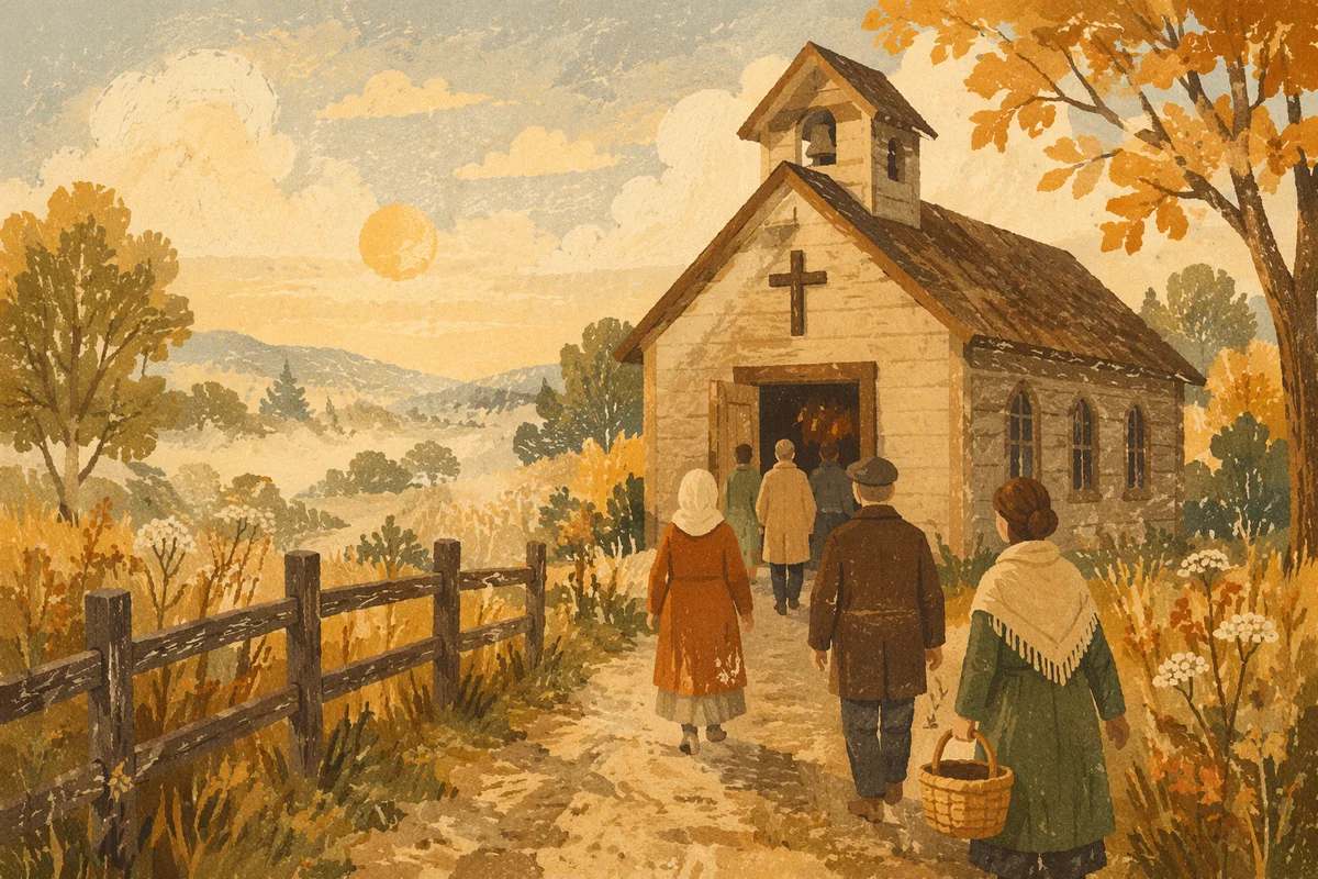 Wooden Countryside Chapel at Autumn Sunrise