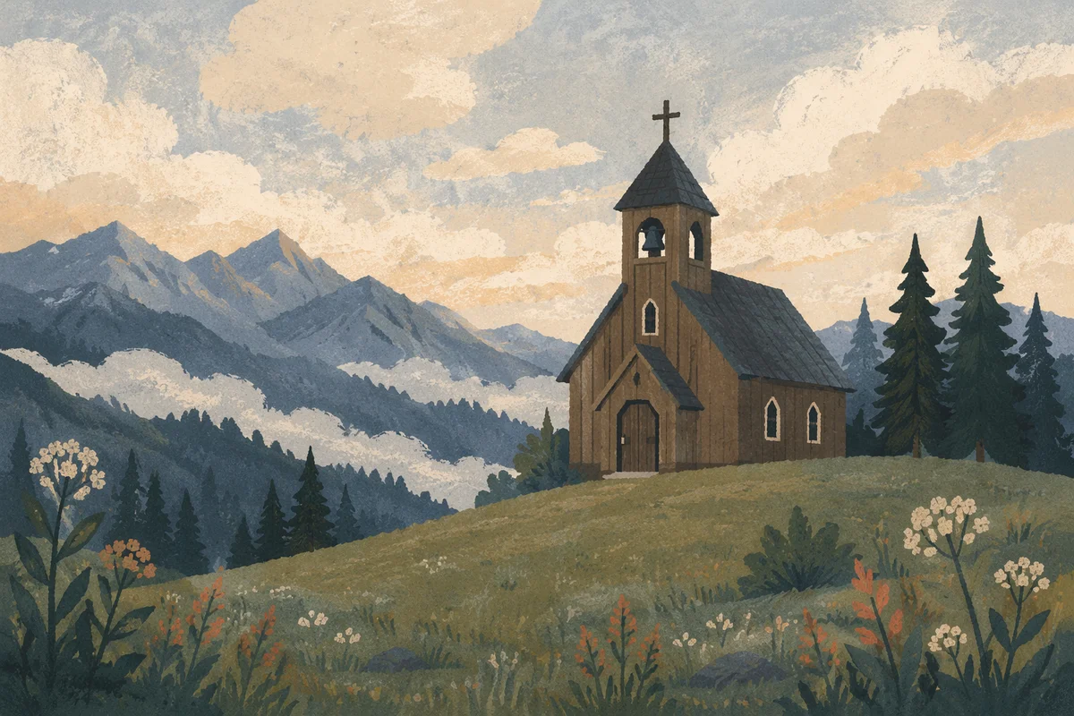 Quiet Wooden Chapel on Misty Countryside Hill