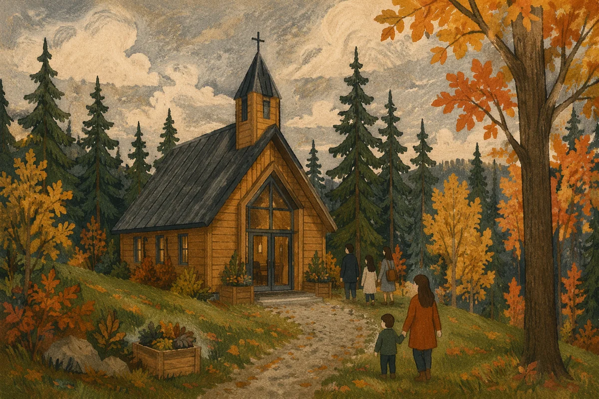 Small Wooden Chapel in Autumn Countryside