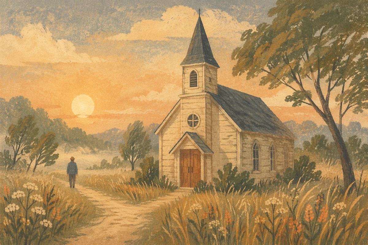 Small Wooden Chapel in Misty Countryside