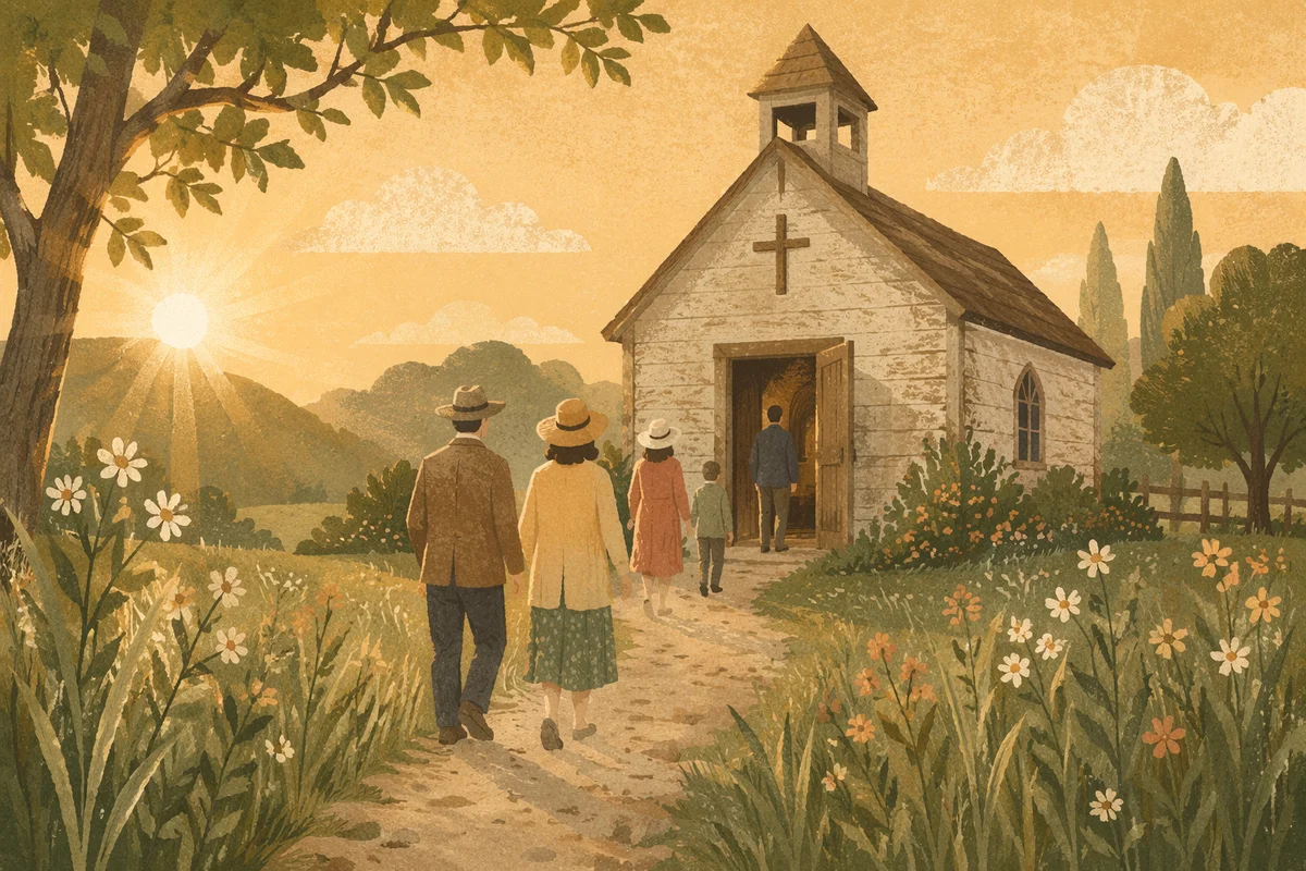 Rustic Countryside Chapel at Sunday Sunrise
