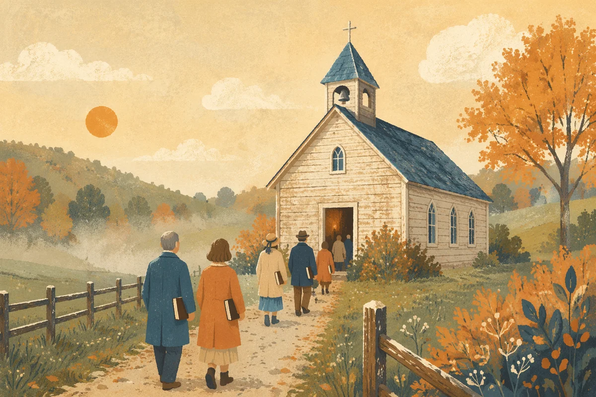 Rustic Countryside Chapel in Morning Mist