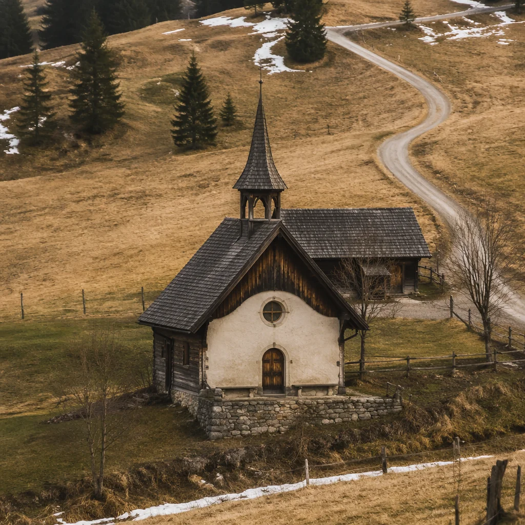 Small Wooden Chapel in Rolling Countryside