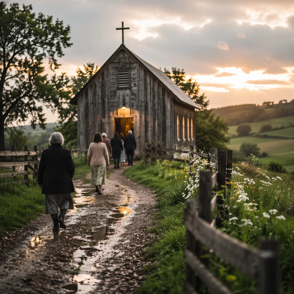 Weathered Countryside Chapel After Spring Rain